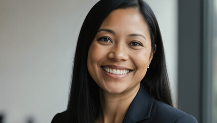 A woman with long black hair smiles warmly while wearing a dark blazer. She is in a modern office with large windows, enjoying natural light during the day