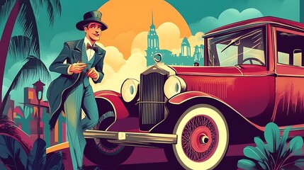 Man in vintage clothes near a vintage car illustration