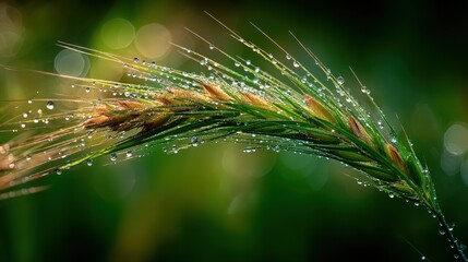 Close up of vibrant green grass ear covered in pure water droplets. Fresh morning dew glistening on a natural plant. Soft bokeh.