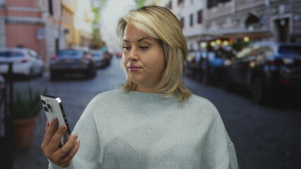 Woman holds smartphone and swipes touchscreen on street framed by blurred cars and building facade; concentration.