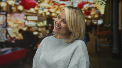Woman face closeup smiling on street lined with souvenir stalls and glowing lanterns; happiness...