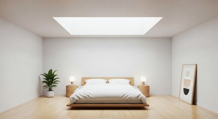 Fototapeta premium Bright and serene minimalist bedroom interior featuring a sophisticated yet simple ceiling design with integrated natural light, offering a tranquil modern escape.