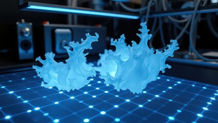 Two translucent blue coral like objects on a grid surface with blue glowing points of light around them