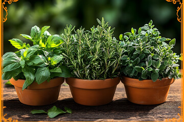 Fresh herbs in terracotta pots basil rosemary oregano