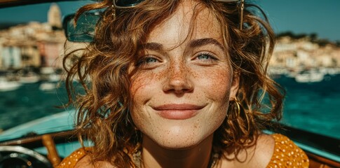 Beautiful woman driving a convertible against the backdrop of the sea.
