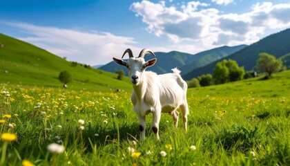 Obraz premium White Goat Standing in Sunny Mountain Meadow with Wildflowers