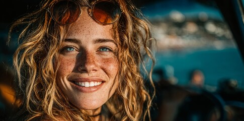 Beautiful woman driving a convertible against the backdrop of the sea.
