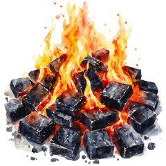 a watercolor painting depicts a vibrant fire blazing amidst a pile of dark, geometric blocks.
