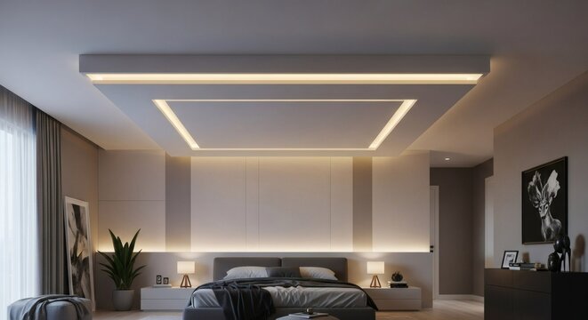 A luxurious and modern Simple Ceiling Design for Bedroom featuring a stunning drop ceiling with elegant hidden LED strip lighting for ambient illumination.