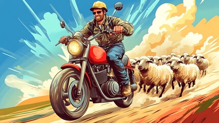 Man on motorcycle with sheep