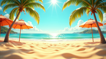 Obraz premium Tropical beach with parasols and palms under blue sky in peaceful summer island scene