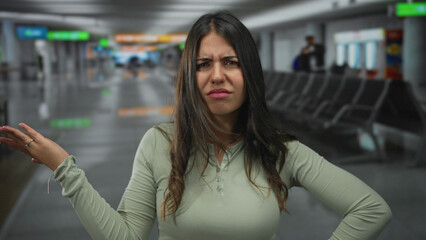 Woman with concerned expression at airport terminal, wearing green shirt, posing indoors with hands...