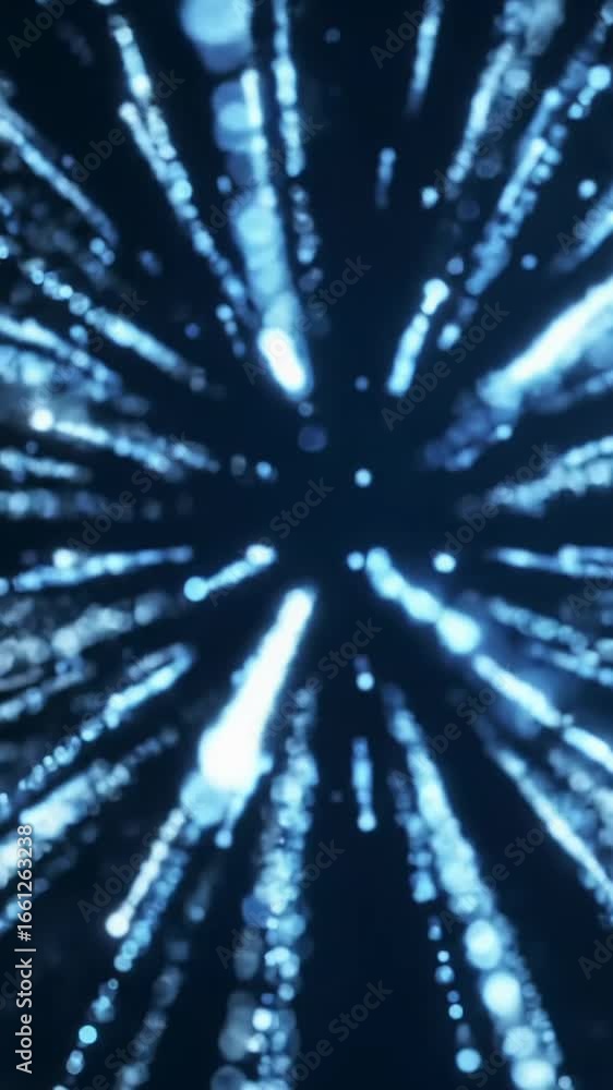 Poster hyper-luminous digital particles dance vertically, flowing purposefully through a minimalist void wi