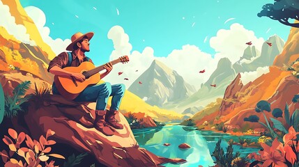 Man playing guitar in scenic landscape
