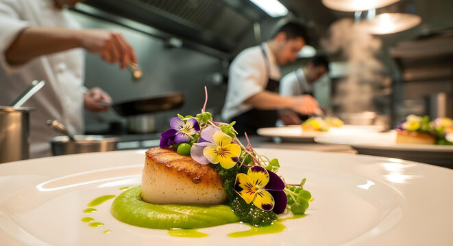 Close-up gourmet dish with chef team in background
