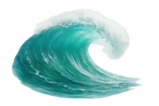 Turquoise ocean wave cresting, generating white foamy spray against transparent backdrop, symbolizing natural force and maritime dynamism