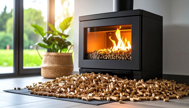 Modern pellet stove cozy corner, burning brightly with wood logs and pellets for sustainable, efficient home heating in a stylish interior setting.