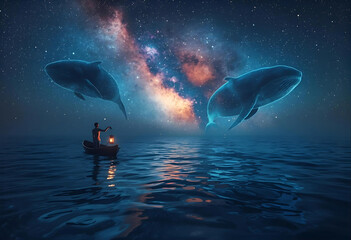Fototapeta premium Transparent Whale Swimming in the Stars
