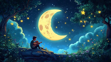 Man playing guitar under moonlit sky