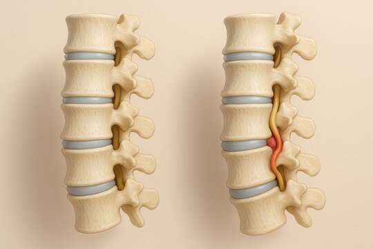 Clear 3D illustration of lumbar spine comparing healthy anatomy with lumbar intervertebral disc herniation, bulging disc compressing highlighted red nerve root, intact discs for contrast