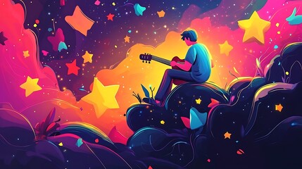 Man plays guitar on colorful clouds