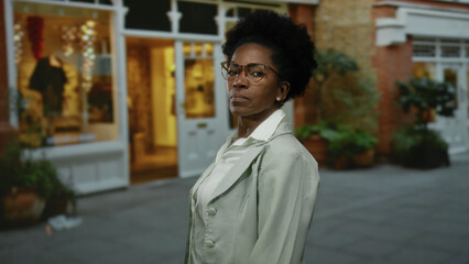 Confident woman with glasses stands on a city street in front of a boutique at night, showcasing a...
