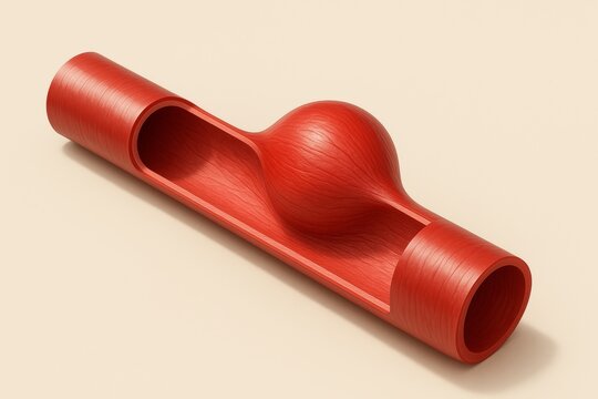 3D cutaway render of aortic aneurysm. Longitudinal aorta segment with cylindrical healthy walls and one bulging area with stretched, thinned red vessel wall. Light beige background, minimal shading.
