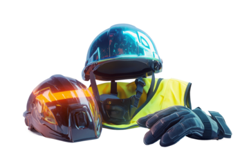 PPE items including helmet, gloves, and hi-vis vest isolated on transparent background