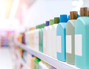 A row of colorful plastic bottles with blank labels, neatly displayed on a retail store shelf, showcasing a clean and organized presentation.