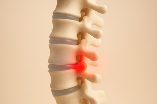 3D artistic render of lumbar intervertebral disc herniation with semi-transparent discs and one bold red glowing herniation pressing outward, symbolizing pain and nerve compression