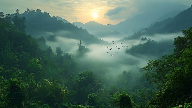 Misty mountain valley at sunrise - Powered by Adobe