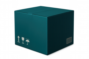 Teal cardboard shipping box displaying packaging symbols and barcode, positioned against transparent backdrop for logistics branding