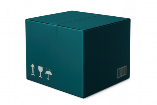 Teal cardboard shipping box displaying packaging symbols and barcode, positioned against transparent backdrop for logistics branding