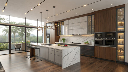 Obraz premium A modern kitchen with large island, wood floors, and floor to ceiling window