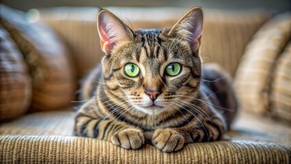 A close-up portrait of a cute grey tabby cat with big, expressive eyes on a table