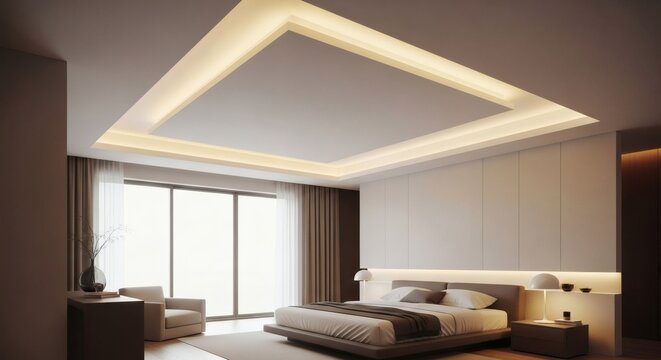 Elegant Simple Ceiling Design for Bedroom with Soft Ambient Lighting and Modern Aesthetics