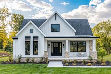 The exterior architecture of modern farmhouses often includes a front door porch and embodies a contemporary residential design suited to country living