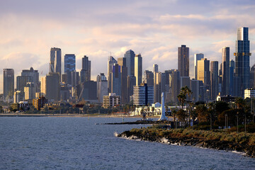 Melbourne downtown skyline with skyscrapers during golden hour, Victoria, Australia