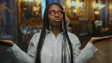 Woman with glasses in a museum poses with a contemplative expression in a gallery adorned with art...