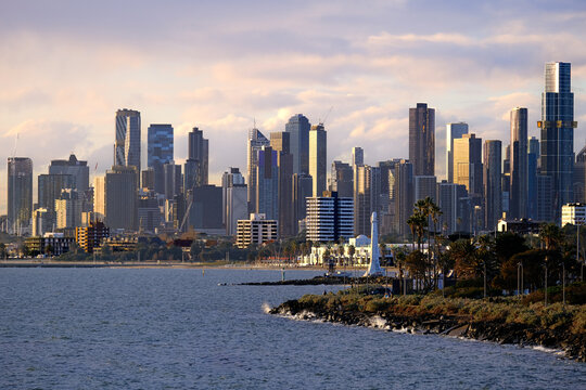 Melbourne downtown skyline with skyscrapers during golden hour, Victoria, Australia