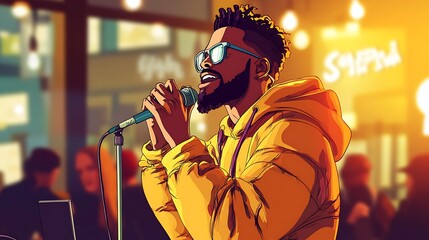 Man singing into microphone in cafe