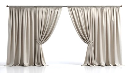 Ultra-realistic mockup of long beige curtains parted symmetrically on a rod, isolated on a clean white background for interior design