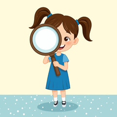 Fototapeta premium Curious Girl Exploring Nature with Magnifying Glass in Puddle