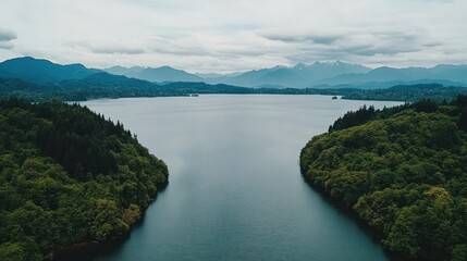 A serene landscape showing a tranquil lake bordered by lush forests and distant mountains under a cloudy sky, perfect for nature-themed projects, travel brochures, and relaxation materials,