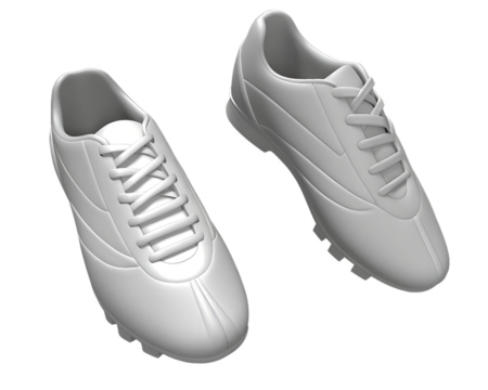 A pair of white athletic soccer cleats with laces and textured soles shown from a side profile view isolated on transparent background