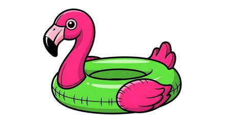 Fototapeta premium Colorful Pink Flamingo Pool Float with Green Ring on White Background