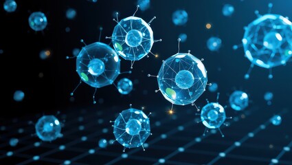 Floating blue polygonal cells with spikes and internal spheres on a dark background with grid lines