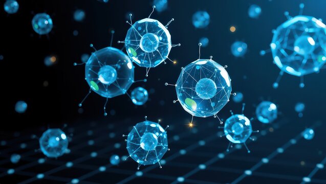 Floating blue polygonal cells with spikes and internal spheres on a dark background with grid lines