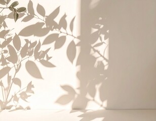 Shadows of leaves and branches are cast on a bright, neutral-toned wall and surface, creating an abstract and minimalist composition.