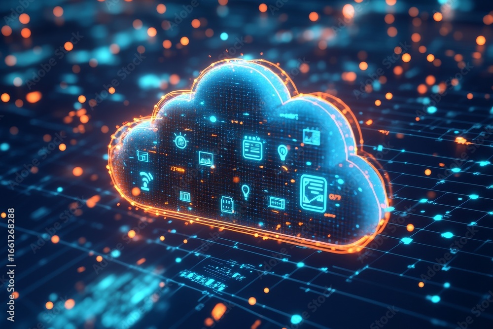 Poster sophisticated cloud computing visualization incorporating holographic data streams and cutting-edge 